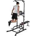 Uboway Pull Up Dip Station, Power Tower with Weight Bench, Dip Machine with Adjustable Heights, Pull Up Bar Free Standing, Strength Training Workout Equipment Fit Home Gym