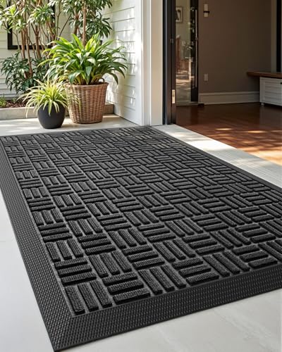 DEXI Outdoor Mat Front Door Indoor Entrance Doormat,Small Heavy Duty Rubber Outside Floor Rug for Entryway Patio Waterproof Low-Profile,23"x35",Black — image 1