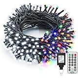 Brizled Dual Color Christmas Lights, 65.67ft 200 LED 11-Function Cool White & MultiColor Tree Lights, Dimmable 24V Safe Adapter Color Changing Outdoor Light String with Remote for Christmas Tree Party