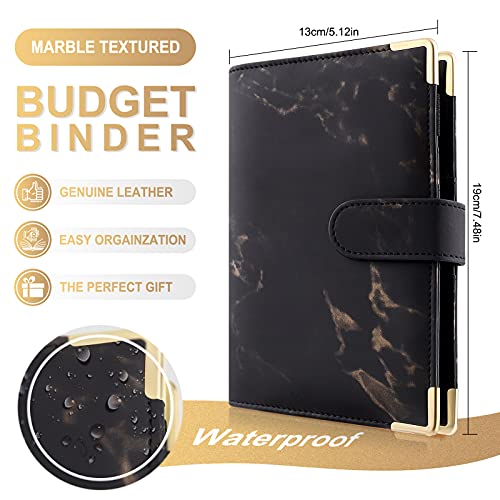 TAOPE Classeur Budget avec Enveloppe Budget, Classeur A6 Budget Planner Sets en PU Cuir, Carnet Budget 6 Anneaux Remplissable avec Pochettes Transparentes, Organisateur Enveloppe Budget Marbre Noir