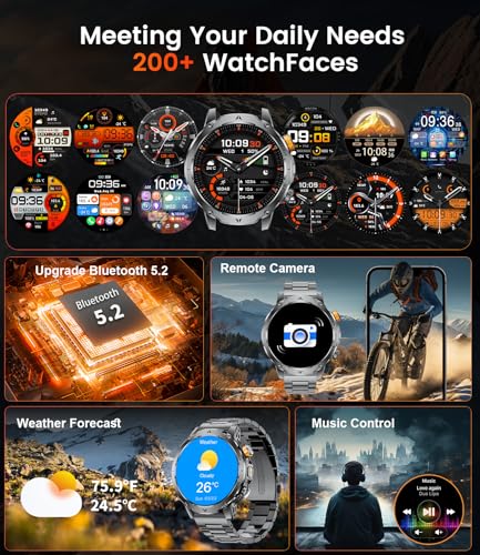 HIRREO EF24 Smartwatch Hombre-Linterna LED, Batería 1000mAh Larga Duración, Pantalla HD 1,85", 100 Modos Deportivos, IP68 Impermeable, Llamadas Bluetooth, 3 Correas, Compatible Android iOS, Negro