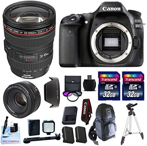 Canon EOS 80D Body Kit + Canon EF 24-105 f/4 L IS USM (Glass Element) Lens + Canon 50mm 1.8 STM Video/ Portrait Lens + 2 32GB Transcend Cards + LED Video Light Bundle &amp; More - International Version