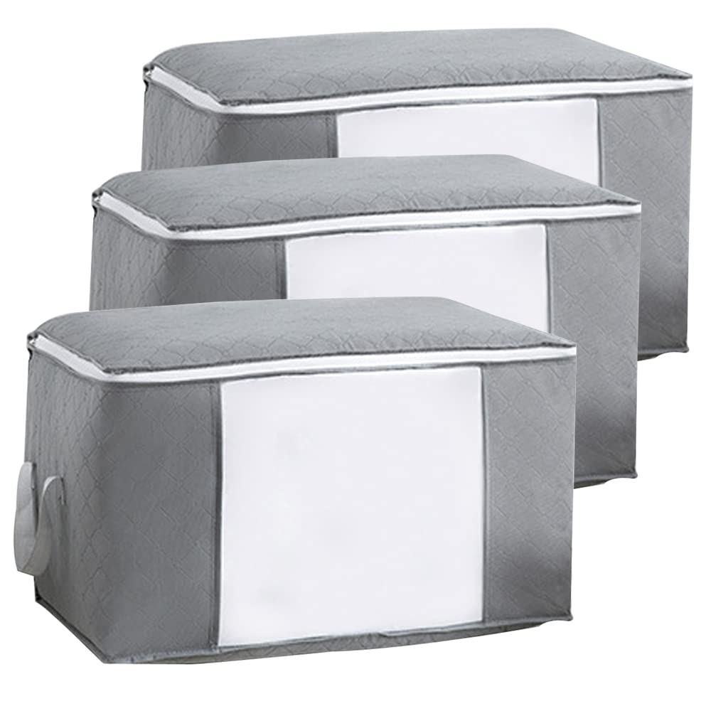 Large Clothes Storage Bags with Zips, 3pcs Duvet Storage Bag Thick Breathable Fabric Storage Bags with Clear Windows for Clothing Quilt Bedding (Grey, 60x35x40 cm)