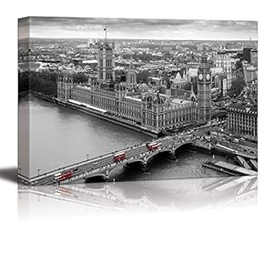 Black and White Photograph with Pop of Color on The Red Buses in London - Canvas Art Home Art - 12x18 inches