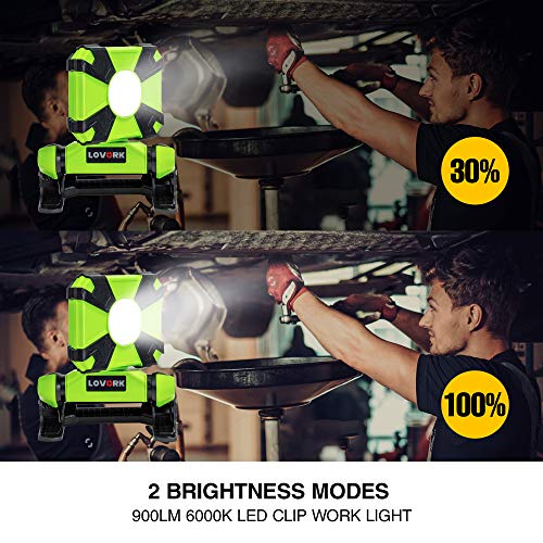 LOVORK Portable Clip LED Worklight 900lm 6000K Clamp Work Light Adjustable,USB Rechargeab,for Outdoor Camping,Emergency,Construction,Repairing,Workshop,Fishing,Waterproof,Cordless,Green