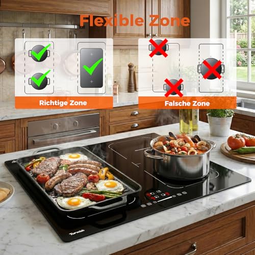 Topwish Induction Hob 4 Plates with Flex Zones, Induction Hob Built-in 60 cm, Hob 4 Hobs with Boost Function, Timer, Child Lock, Overheating Protection and Keeping Warm, 7200 W