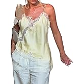Women Satin Lace Trim Cami Tops Silk V Neck Spaghetti Strap Tank Top Y2k Loose Going Out Camisoles Streetwear
