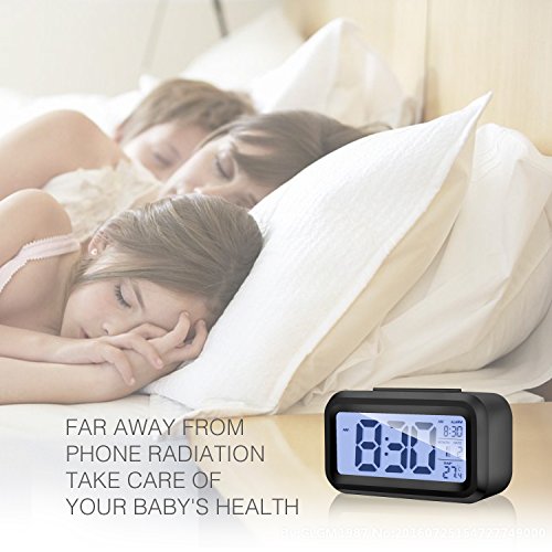 Alarm Clock Digital LCD Large Display Battery Operated Portable Modern Smart Snooze Silent Backlight Senor Date Time Temperature Clock for Heavy Sleepers Bedroom Kitchen Office Travel (black) - Thumbnail 3