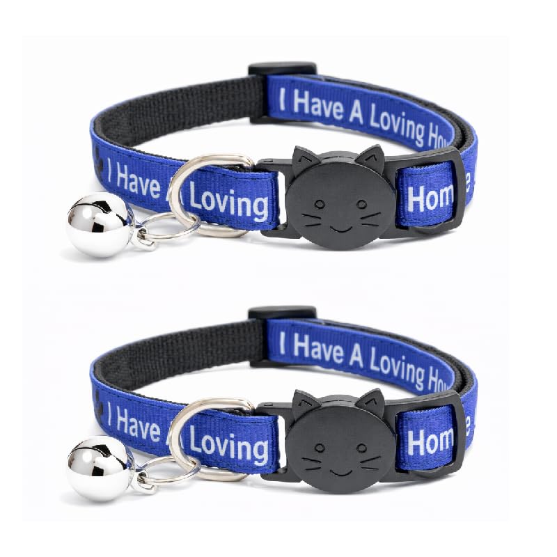 Worded Cat Collars – Please Do Not Feed Me, I Am Microchipped | Safe Quick Release Breakaway Buckle | Zacal Cat Collars (Pack of 2, Blue, I Have A Loving Home)