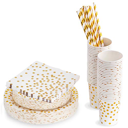 250 Piece Polka Dot Gold Disposable Paper Plates and Party Supplies | Includes 50 Disposable Plates, 50 Dessert Plates, 50 8 Ounce Cups, 50 Paper Straws, 50 Napkins | Decorative Dinnerware