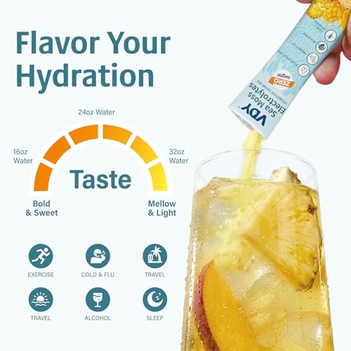 VDY Sea Moss Electrolytes Powder Packets - Hydration Packets Sugar Free - Electrolyte Packets with 30 Sticks - Zero Sugar & 0 Calorie - Keto Friendly - Gluten Free Drink Mix - Mango Pineapple
