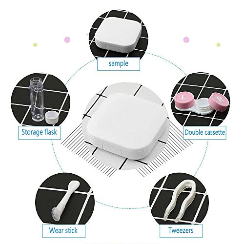 Contact Lens Cases Kits, Portable Travel Used Contact Lenses Kit, Mirror, Tweezers, Storage Flask, Double Cassette, Wear Stick, 2 Sets (Black & White)