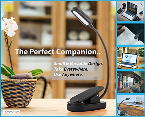 BOODLO 360° RECHARGEABLE BOOK LIGHT for reading in Bed or Desk with EYE-CARE Protection, 20 HOURS of Reading, 2 Modes, 4 LED, Easy CLIP ON Reading Light, LIGHTWEIGHT, for Music stand (WHITE)
