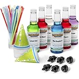 Hawaiian Shaved Ice 6 Flavor Fun Pack | Includes 6 Snow Cone Syrups [16oz Each] – Cherry, Grape, Blue Raspberry, Tiger’s Blood, Lemon-Lime, &amp; Pina Colada, 50 Snow Cone Cups, 50 Spoon Straws, 6 Pourers