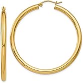 14K Yellow Gold Classic Real Hoop Earrings, (3mm Thick Tube)