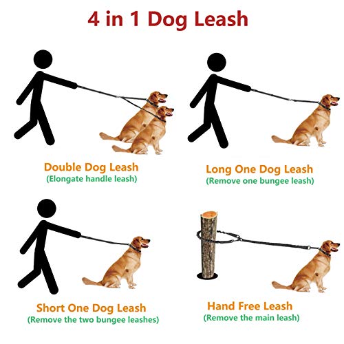 Dual Dog Leash Double Dog Leash, Multifunctional Detachable Leash for 1 or 2 Dogs, No Tangle Shock Absorbing Bungee Walking Lead with Two Handles Bonus Funny Waste Bag Dispenser for Dogs Up to 180lbs