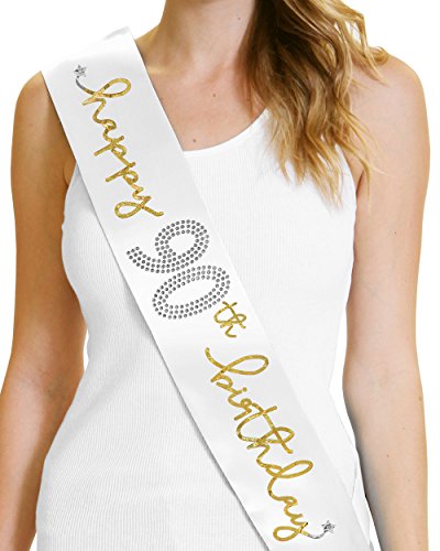 Happy 90th Birthday Metallic Gold Satin Sash - 90th Birthday Party Supplies White Sash(Hppy90Bday Gld)WHT