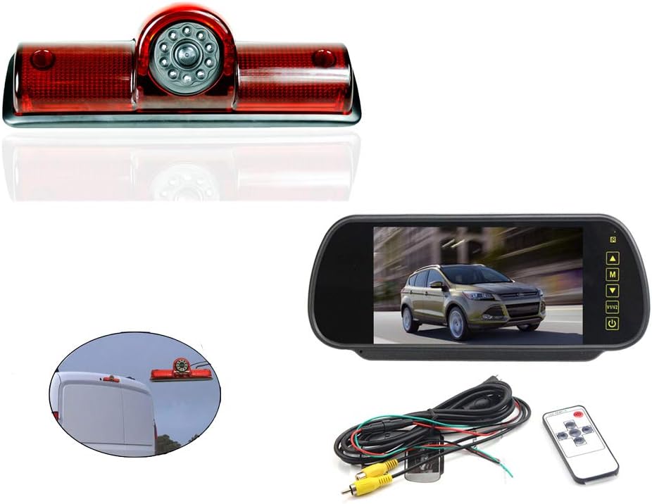 HD Waterproof IR Night Vision Rear View Backup Third Brake Light Camera for Dodge RAM PROMASTER Cargos Van + 7 inch HD Reverse Rear View Mirror Monitor