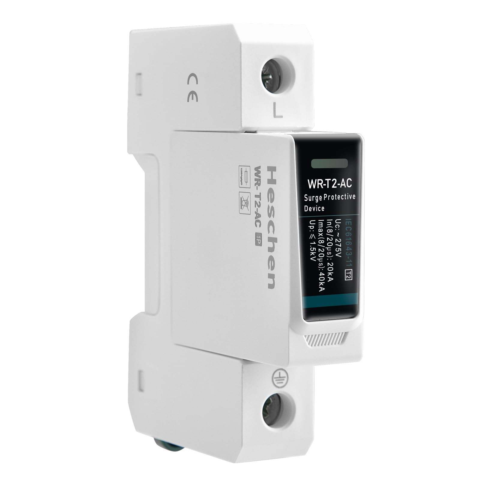 Heschen Surge Protective Device SPD, WR-T2-AC, 1P 275V 20kA, T2 Type, Fire-Proof, Low-Voltage Arrester Device, 35mm DIN Rail Mounting