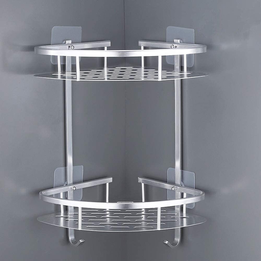 LATERN No Drilling Bathroom Corner Shelves, 2-Tier Aluminum Shower Organizer Caddy Adhesive Storage Basket for Shampoo - Include Sticky Wall Mounting Screws