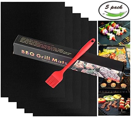 BBQ Grill Mat 5 Pack, Reusable Non-Stick Grill Mat Barbecue Baking Mat, Durable and Easy to Clean Magic Grill Mat, Coppe Grill Mats For Gas Grills with Silicone Brush