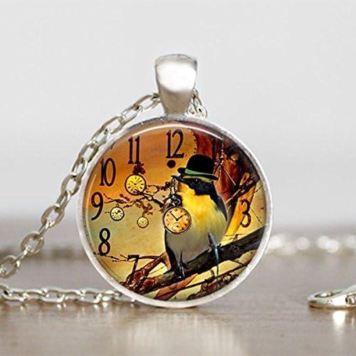 Bird with Hat Pendant Steampunk Necklace Round Handmade Jewelry