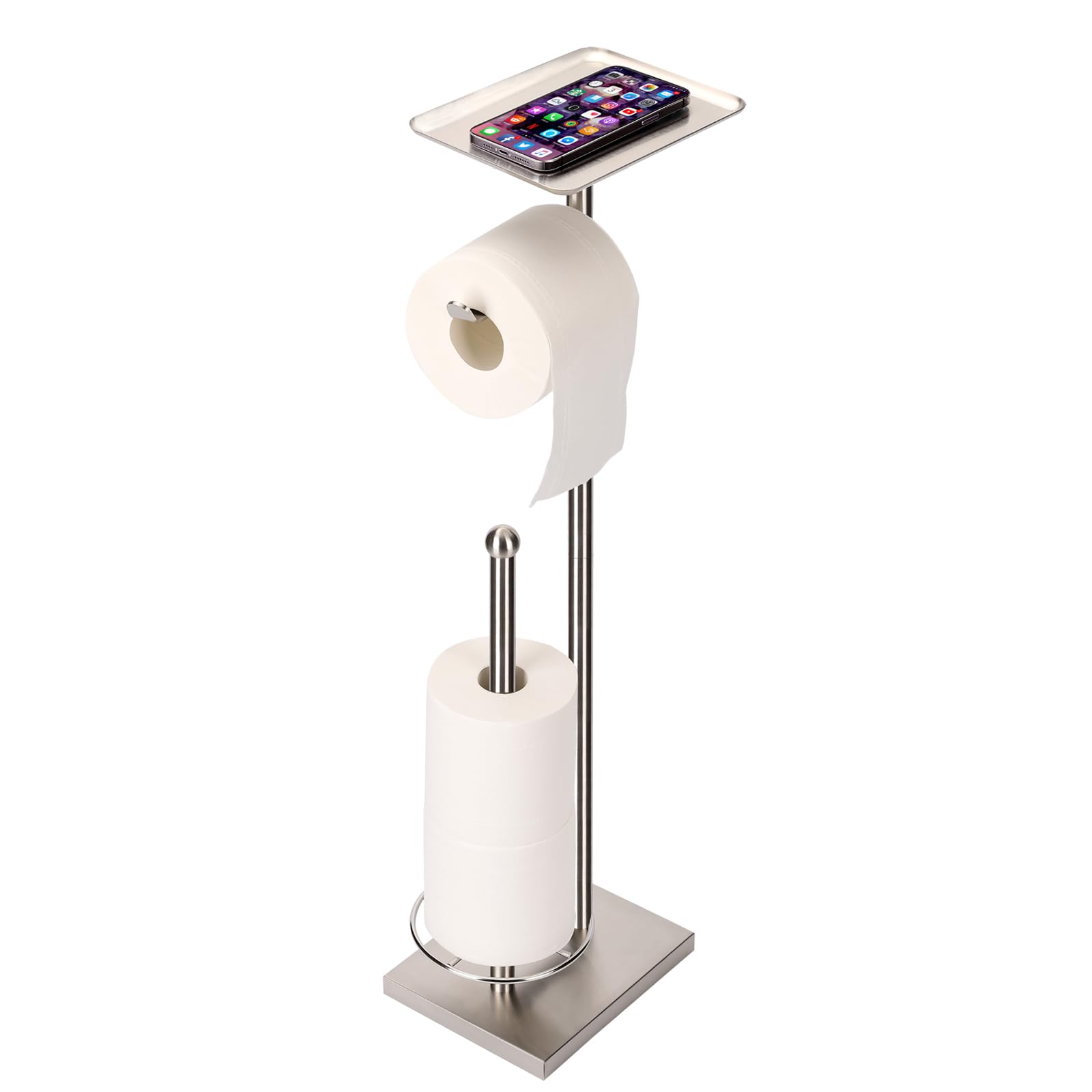 Photo 1 of Sfemn Toilet Paper Holder with Tray at The Top, Heavy-Weighted Stainless Steel Base No Wobbly, Freestanding Toilet Paper Rolls Stand, Hold Extra 3 Paper Rolls On The Base (Brushed Nickel)