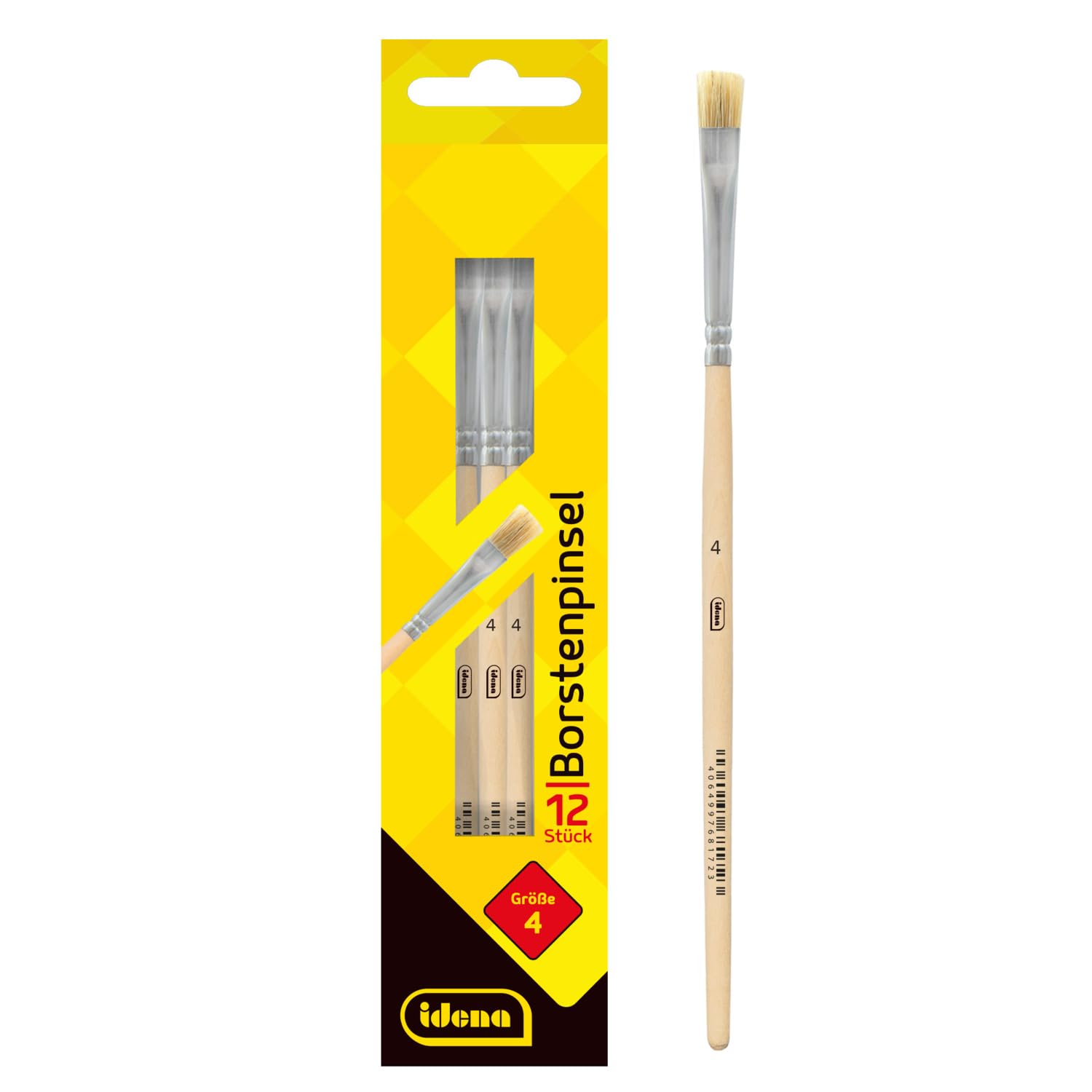 Idena 90094 Bristle Brush, Size 4, with Unpainted Wooden Handle, Set of 12, Painting Brushes for School Children Hobby Artists