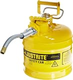 Justrite 7220220 AccuFlow 2 Gallon, .3 Size, 9.50" OD x 13.25" H Galvanized Steel Type II Yellow Safety Can With 5/8" Flexible Spout