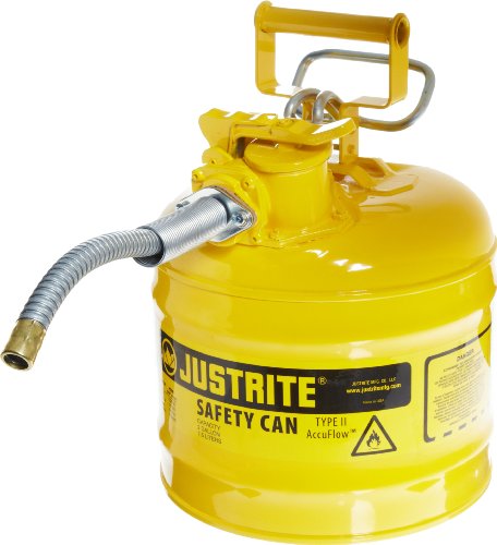 Justrite 7220220 AccuFlow 2 Gallon, .3 Size, 9.50" OD x 13.25" H Galvanized Steel Type II Yellow Safety Can With 5/8" Flexible Spout