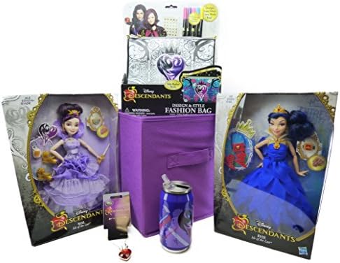 Disney Descendants 6 Piece Bundle - Mal and Evie Coronation Dolls, Evie Heart Necklace, Design &amp; Style Fashion Bag, Reusable Drink Bottle and Storage Crate