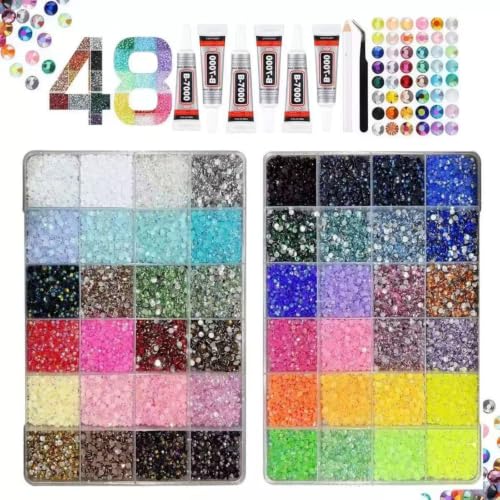 Chenghoo Bedazzling Kit 48000Pcs 48 Colors Resin Jelly Rhinestones, Multicolor 3mm Flatback Gems for Diamond Art, Bedazzler Kit with 6Pcs 10ml B7000 Jewelry Glue & Tools for Nail Art Crafting Makeup