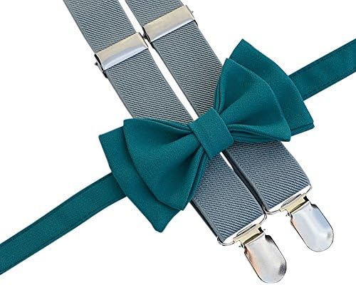 Suspenders & Bow Tie Set (Adult (up to 5'6"), Light Grey Suspenders, Teal Bow Tie)