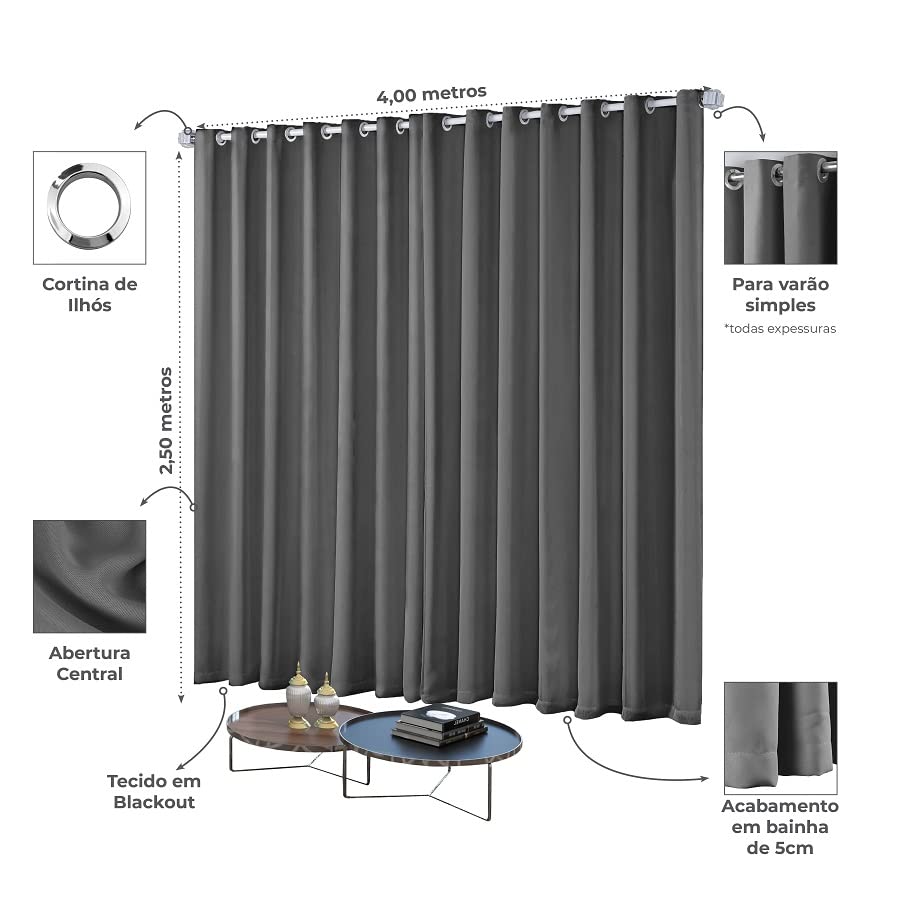 Cortina Blackout/Bleucate de Tecido Corta Para Luz Quarto e Sala 4,00m x 2,50m Altura com Ilhós Cromado Solaris - Chumbo