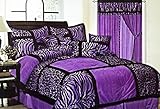 7-Piece Safari Zebra & Giraffe Print Comforter Set Micro Fur Bed In a Bag (Purple, Queen)