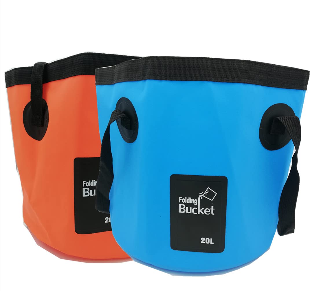 Photo 1 of MIZORLIE (2Pack) Collapsible Buckets, Camping Water Storage Container 5 Gallon(20L) Portable Folding Bucket Wash Basin for Travelling Camping Hiking Fishing Boating Gardening (Blue + Orange)