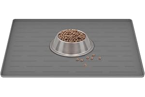 ULTIBE 16" x 10" Dog Food Mat, Silicone Pet Mats for Food and Water, Nonslip Pet Feeding Mats for Floors, Dog Cat Bowl Mat with Raised Edges, Light Gray