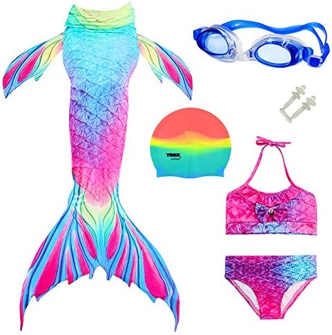 Mayskey Mermaid Tails for Swimming and Party for Girls Kids Mermaid Tails with Swimming Goggles and Swimming Caps(140 （10-12Years),Rianbow