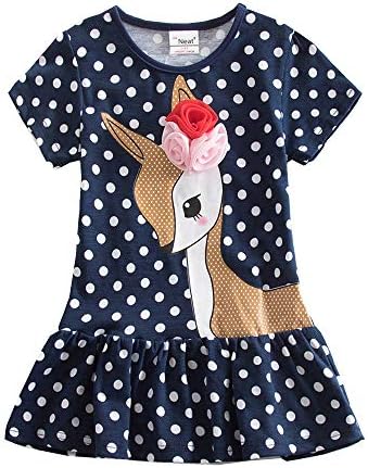 Jxs Neat Kids Baby Short-Sleeved Dress Embroidered 100% Cotton Unicorn Girls Dresses Dresses for Girls SH6496