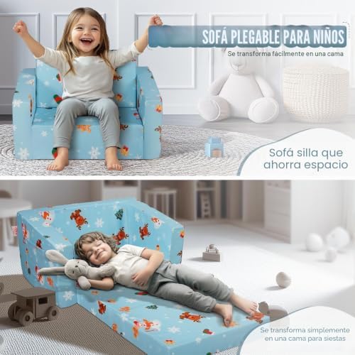 Silla de Bebé Plegable 2 en 1, Sofá Cama para Niños Pequeños, Sofá de Espuma Suave y Cómodo, Tumbona Convertible para Bebé, Asiento de Silla con Dibujos Animados, Azul, 1040 x 580 x 320 mm