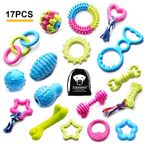 SZKOKUHO 17 Packs Durable Pet Puppy Dog Chew Toys Set Puppy Teething Ball Toys Puppy Rope Dog Tug Toy Safety Design
