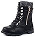 Link Mango-31 Girls Kids Round Toe Military Lace Up Knit Ankle Cuff Low Heel Combat Boots,Black,3