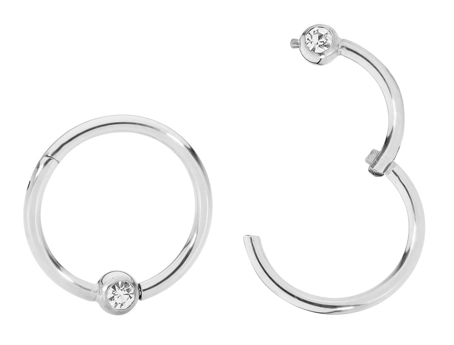 (8mm 16G) 316L Surgical Steel Hypoallergenic Gem BCR Ball Closure Septum Jewelry Hinged Segment Ring Body Piercing Hoop Lip Rings Helix Cartilage Rook Sleeper Earrings
