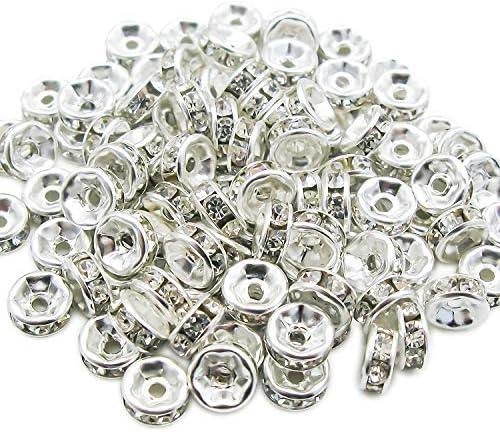 TOAOB 100pcs Rondelle Spacer Beads 6mm Round Silver Plated Czech Crystal Rhinestone Loose Spacer Beads for DIY Bracelets Necklaces Jewelry Making