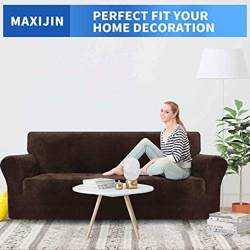 MAXIJIN Thick Velvet Sofa Cover for 3 Seater, Super Elastic Non Slip Sofa Cover, Pet Friendly 1 Piece Furniture Protector (3 Seater, Dark Coffee)