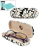 JAVOedge Black Leaves Pattern Fabric Clamshell Style Eyeglass Case with Bonus Mircofiber Glasses Cleaning Cloth