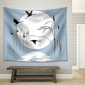 Drawing Flying Birds on Background Sun - Fabric Wall Tapestry Home Decor - 51x60 inches