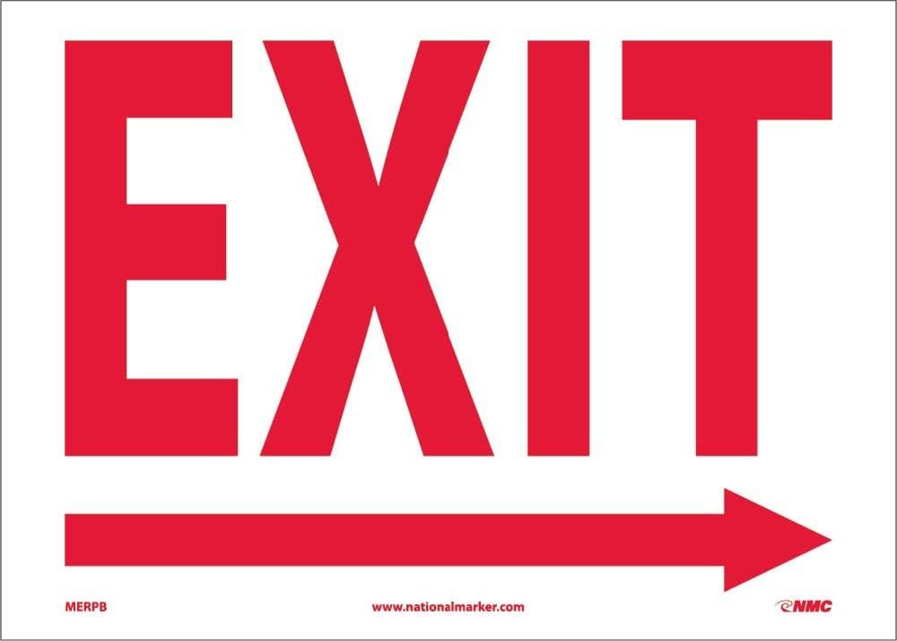 NMCMERPB EXIT Sign – 14 in. x 10 in. Adhesive Back PS Vinyl Sign with Right Arrow Graphic, Red Text on White Base