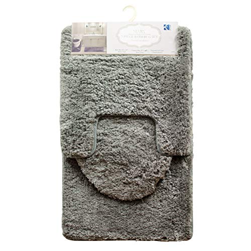 Mary 3 Piece Bathroom Rug Set, Luxury Soft Plush Shaggy Thick Fluffy Microfiber Bath Mat, Countour Rug, Toilet Seat Lid Cover, Non-Slip Rubber Back, Floor Mats Water Absorbent (Grey) - Thumbnail 3