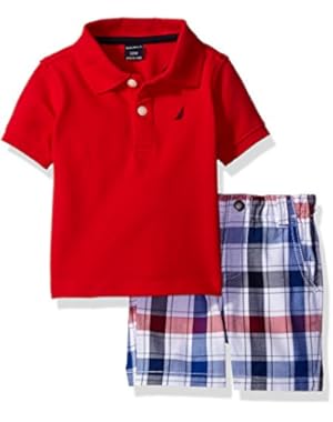 Nautica Baby Boys Solid Polo with Pattern Pull on Short Set,Carmine,6/9 Months